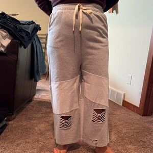 Women's Gray Wide Leg Pants with Distressed Design